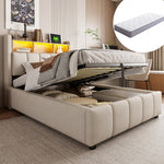 Upholstered Single Bed 90x200 LED USB Storage, Beige Linen