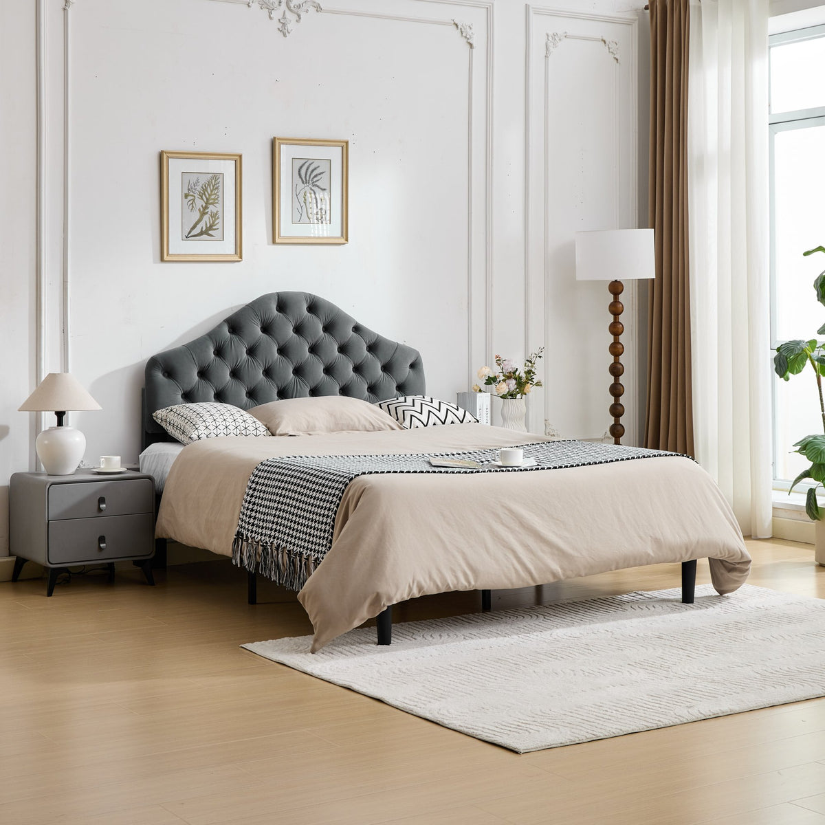 Full Upholstered Platform Bed Frame, 140x200cm, Velvet Gray