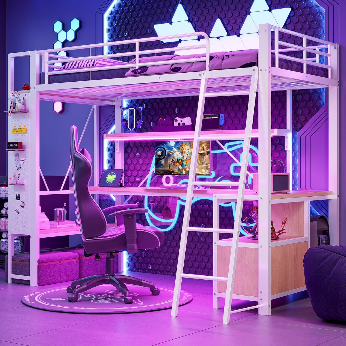 Loft Bed 90x200cm with Desk, LED & USB, White Iron Frame