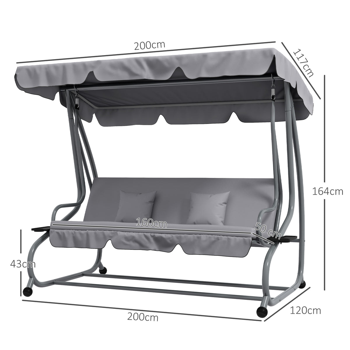 Outsunny Hollywood Swing 3-Seater Reclining Canopy, Light Grey
