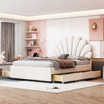 Upholstered Bed, 140x200cm Flower Headboard, Storage, Velvet Beige