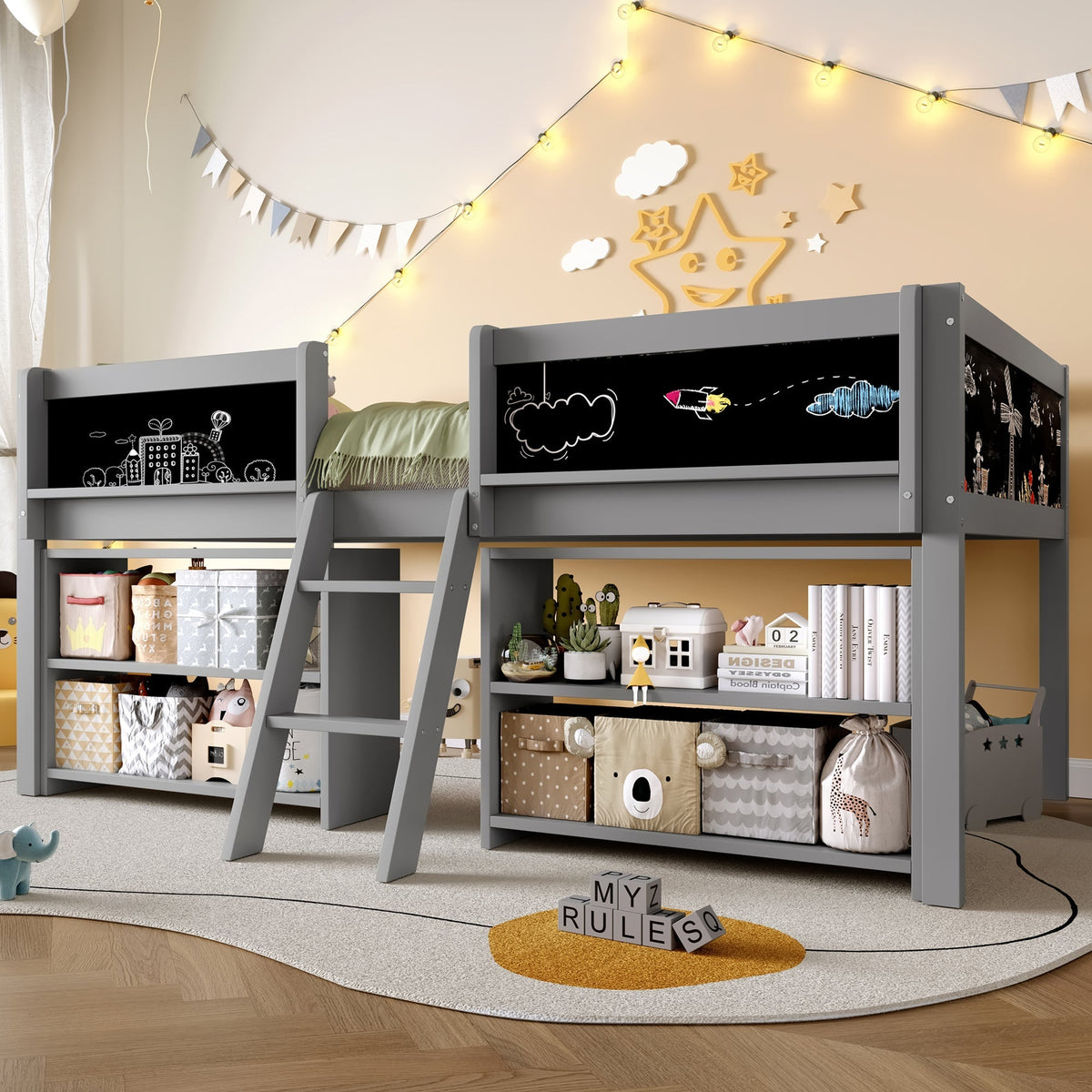 Mid-height Bed 90x200cm Storage Shelves Railing Ladder Pine Wood, Grey