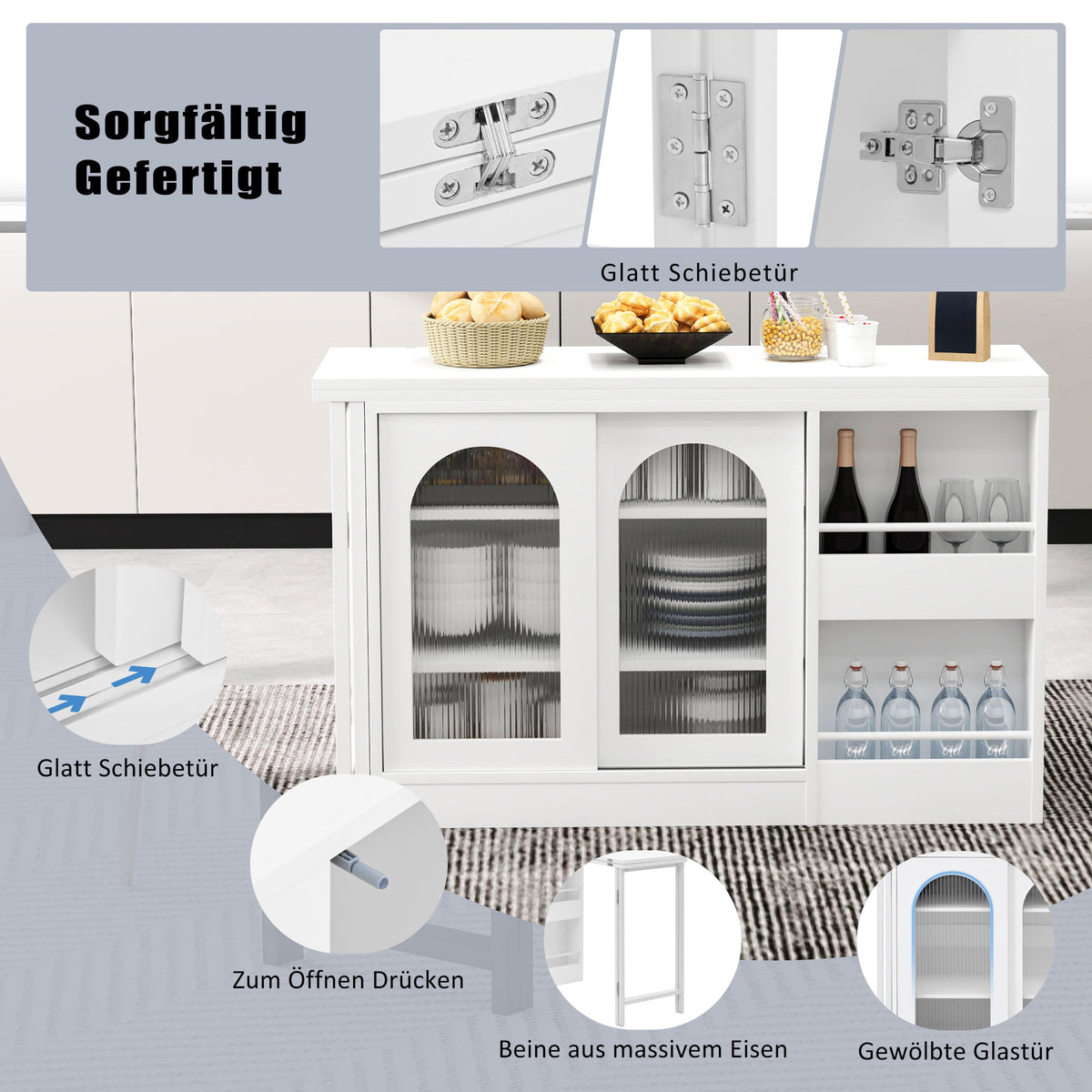 Bar Table, Extendable 360° Rotating with Storage & Glass Door, White