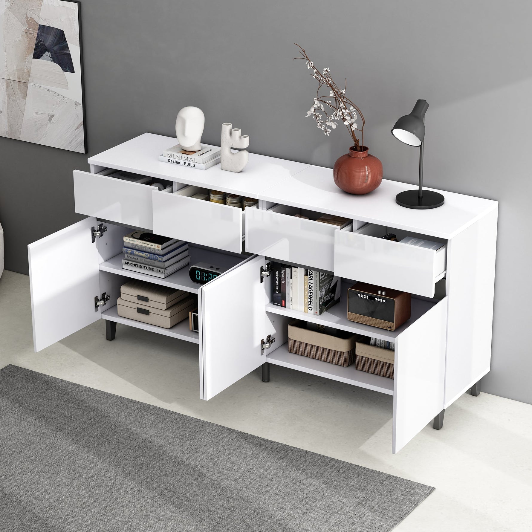 High-Gloss Sideboard 4 Drawers 2 Doors Adjustable Shelves