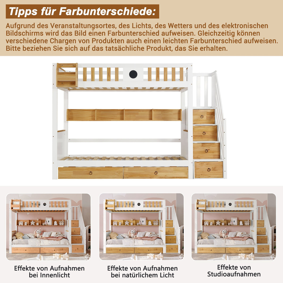 Bunk Bed 90x200cm Storage Stairs Drawers Pine/MDF White+Natural