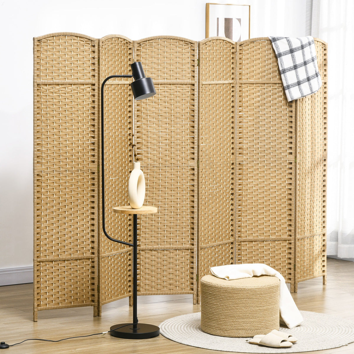 Folding Screen, 6 Panels, Room Divider, Natural Bamboo