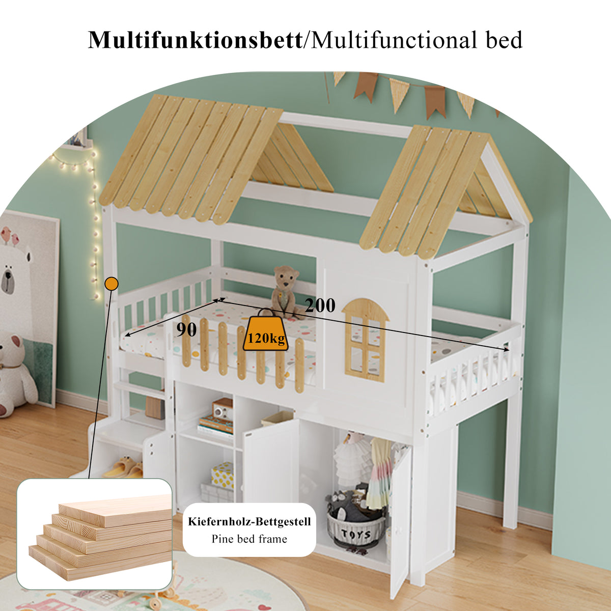 Bunk Bed with Wardrobe & Shoe Rack 90x200cm, White & Natural Pine