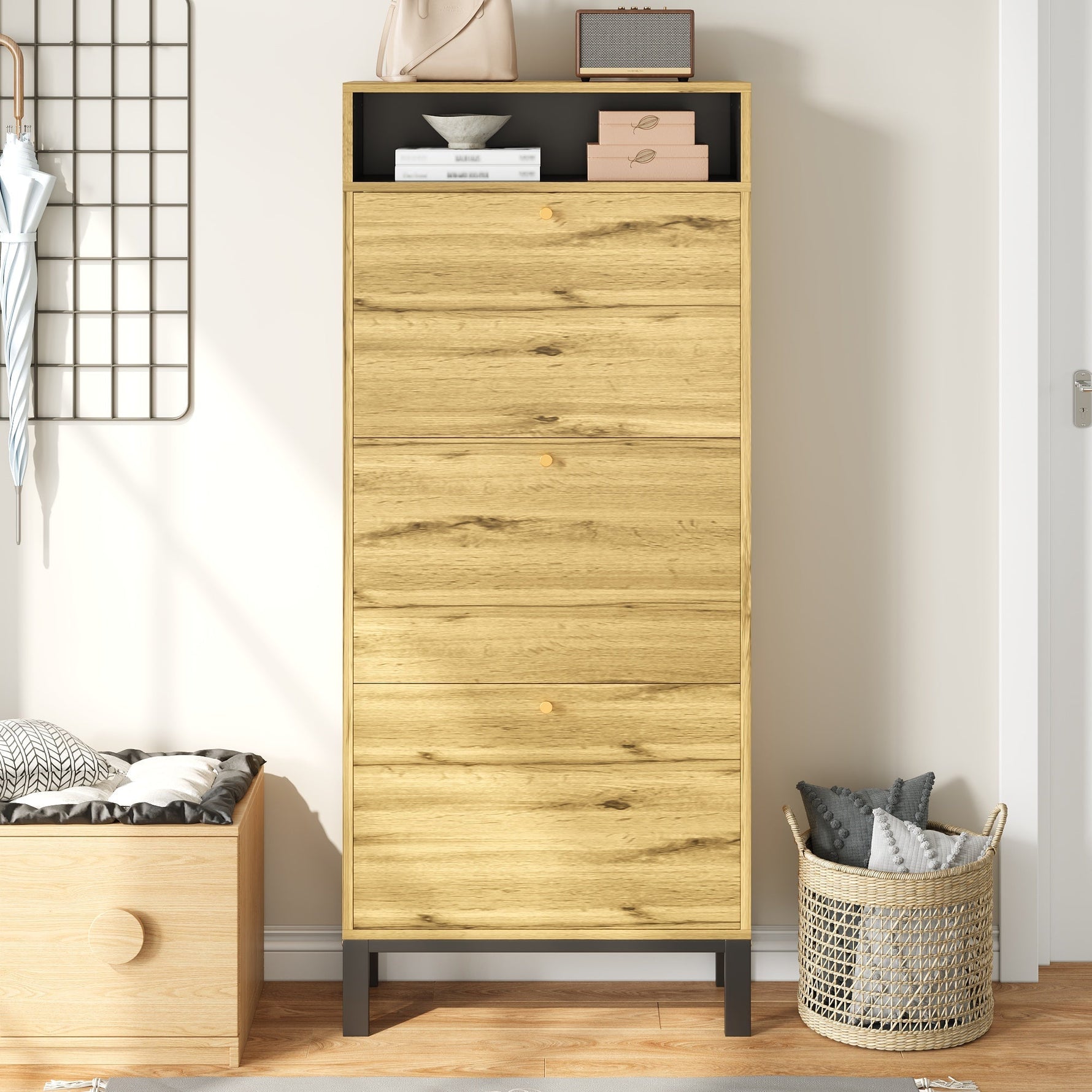 Shoe Cabinet with 3 Drawers and Additional Compartments, Tall and Narrow, Natural Wood Look