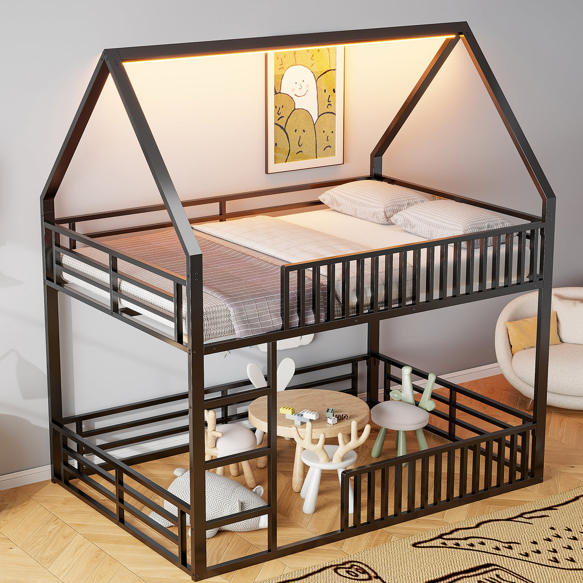 House-Shaped Bunk Bed 140x200 with Fence & LED Light, Black