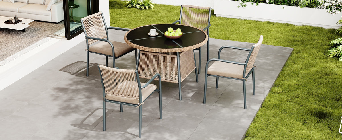 Modern Garden Furniture Set with Round Table & 4 Chairs, Rattan