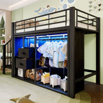 Mid-Height Bed 90x200cm 2 Drawers Open Wardrobe LED Storage - Black