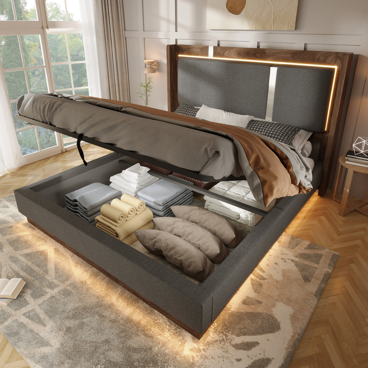 Upholstered Double Bed 140x200 LED & Storage, Linen Grey