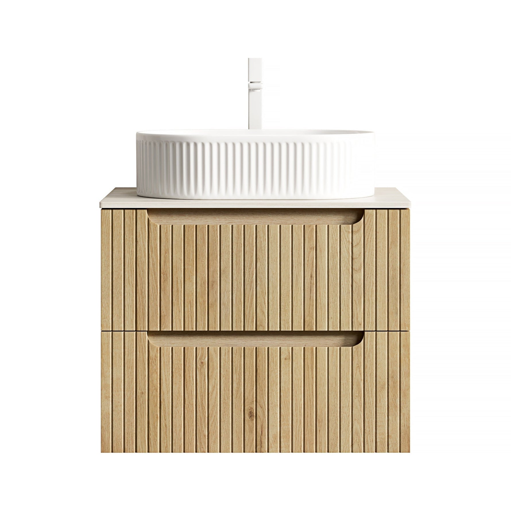Floating Bathroom Vanity Unit with Oval Sink and Sintered Stone Top, White Oak Wood Grain