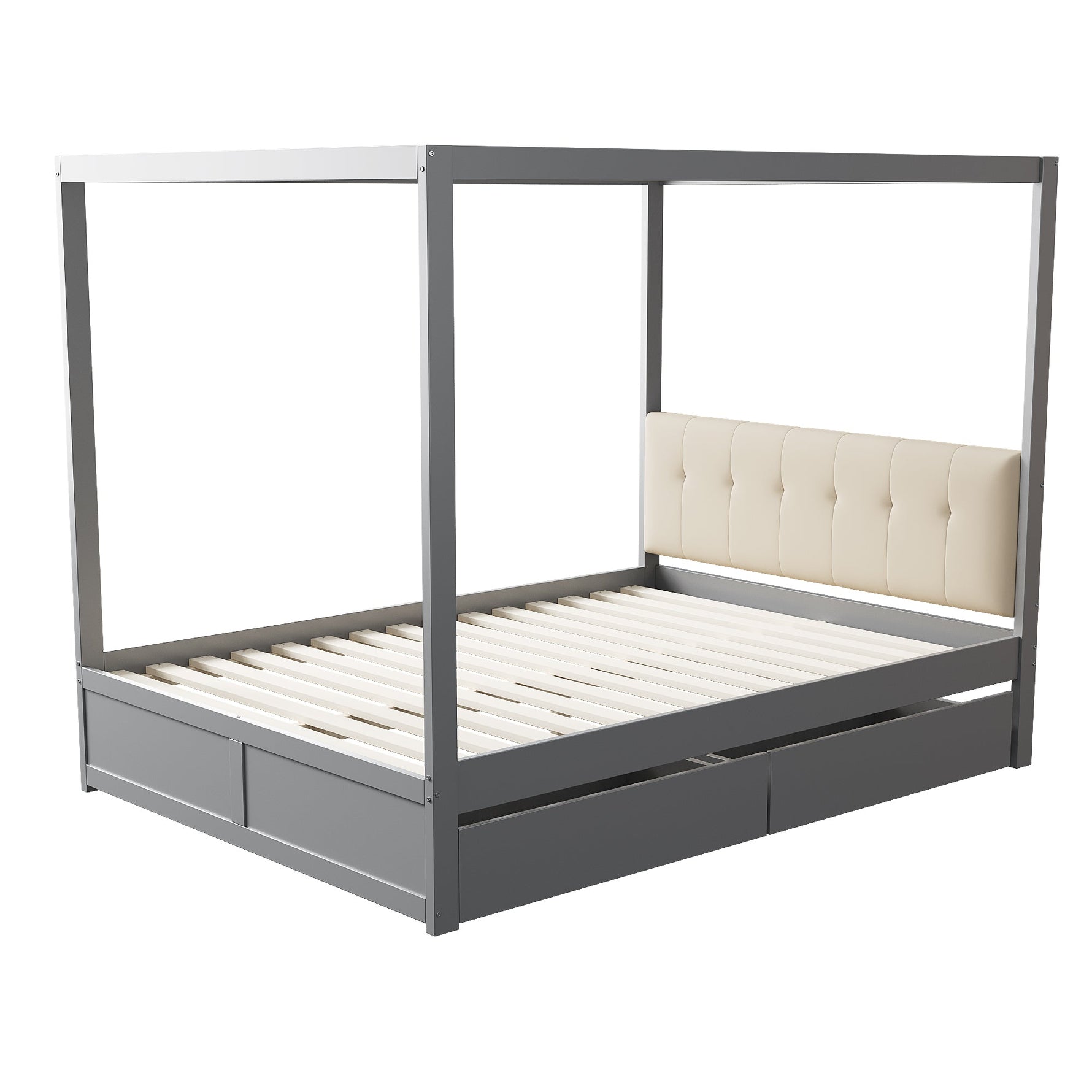 Canopy Bed 140x200 cm with Large Drawers & Soft Headboard, Wooden Grey