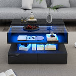 Coffee Table Height-Adjustable Hidden Storage LED Lights Tempered Glass, Black