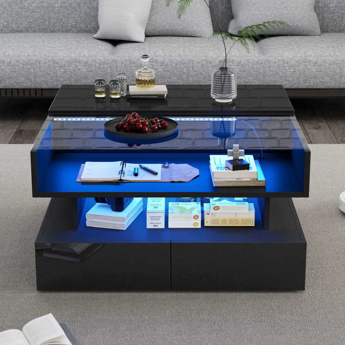 Coffee Table Height-Adjustable Hidden Storage LED Lights Tempered Glass, Black