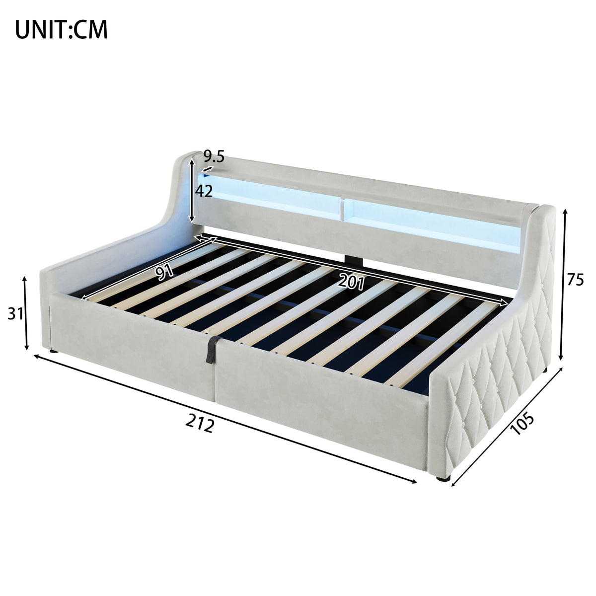 90x200 Platform Bed with Hydraulic Storage & LED, Beige Velvet