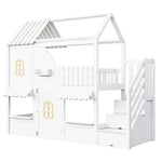 Children's House Bunk Bed 90x200cm with Storage Ladder & LED, White