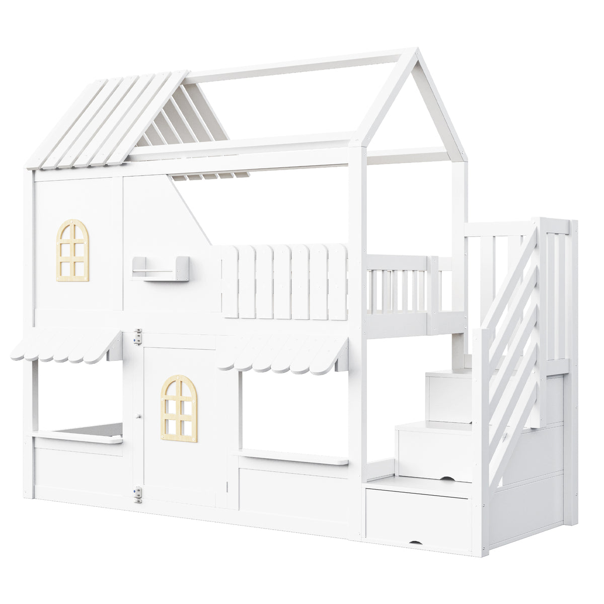 Children's House Bunk Bed 90x200cm with Storage Ladder & LED, White
