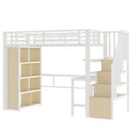 Loft Bed 90x200cm with Desk, Storage & LED Light - White Iron Frame
