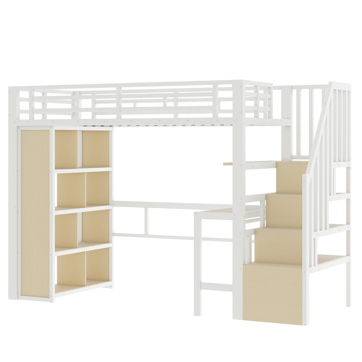 Loft Bed 90x200cm with Desk, Storage & LED Light - White Iron Frame