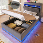 Upholstered Bed 90x200cm with LED & Storage, Grey Linen