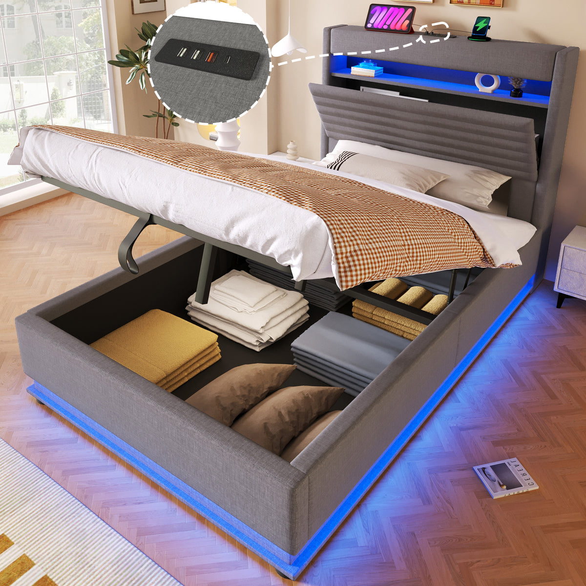 Upholstered Bed 90x200cm with LED & Storage, Grey Linen