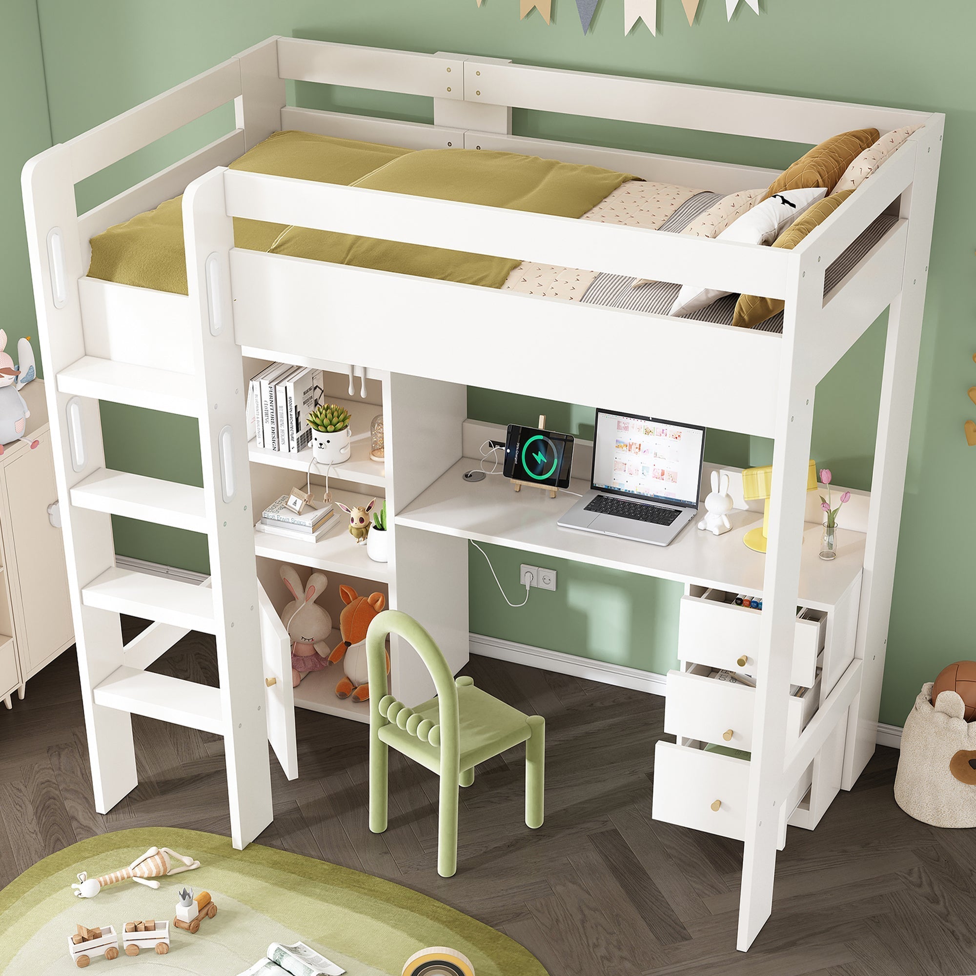 Children's Loft Bed, USB-C Desk, Wardrobe, Filing Cabinet, Stairs, Slatted Frame, Storage, 90x200