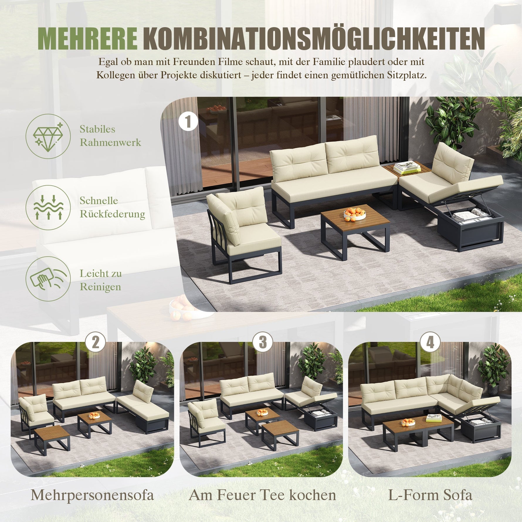 Garden Furniture Set with 3-Position Adjustable Reclining Backrest, Comfort Cushions and Storage, Beige