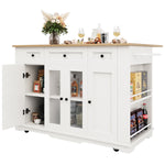 Kitchen Island Cabinet Tempered Glass Worktop Storage - White