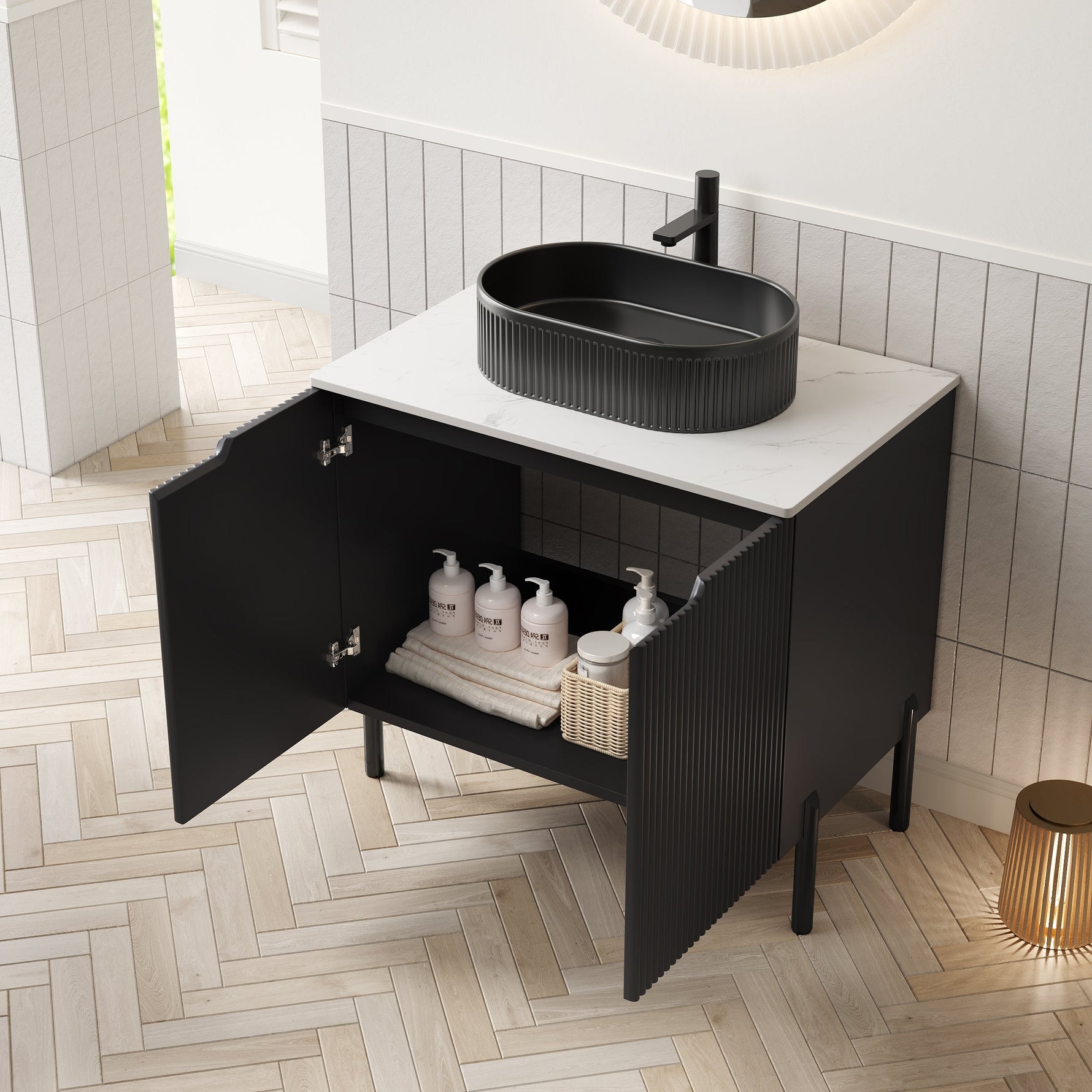 Bathroom Vanity Unit with Oval Ceramic Basin and Sintered Stone Countertop, Black