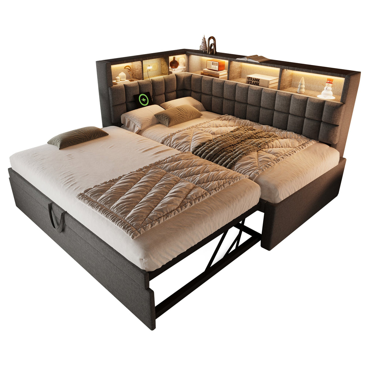 Upholstered Bed with Pull-out Bed, LED, Bluetooth Speaker and Charging Ports, 90x200cm, Grey Linen