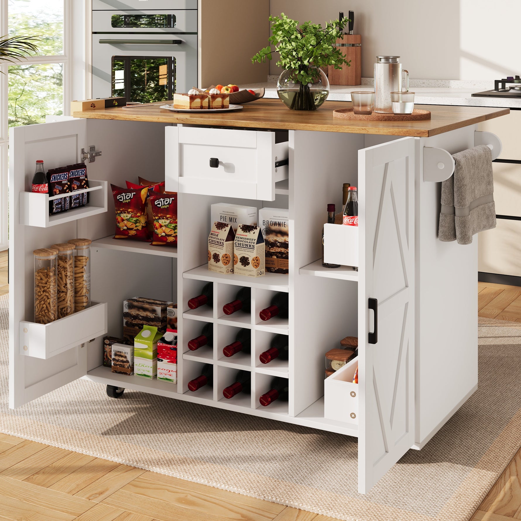 Kitchen Island Dining Cart Extendable Multifunctional Storage - Wood Grain