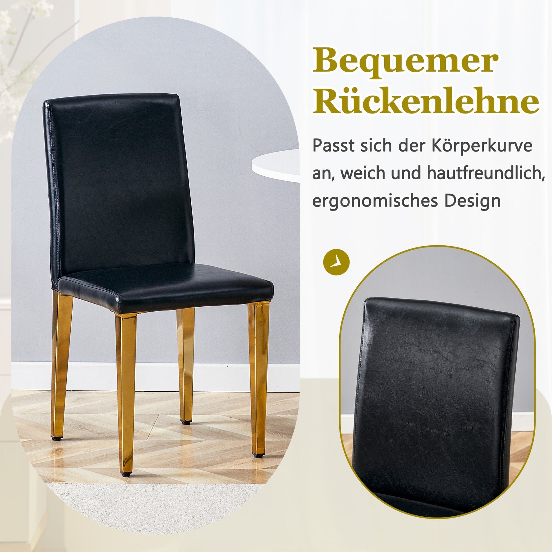 Minimalist Dining Chairs Set of 2 with Gold Metal Legs, Black PU Leather