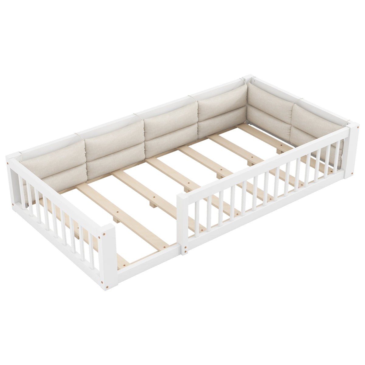 Platform Bed with Side Rails & Pillows, 90x200 cm, White