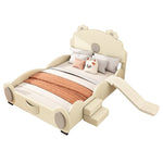 Bear Cartoon Bed for Children with Slide and Ladder, 140x200cm, Beige PU Leather
