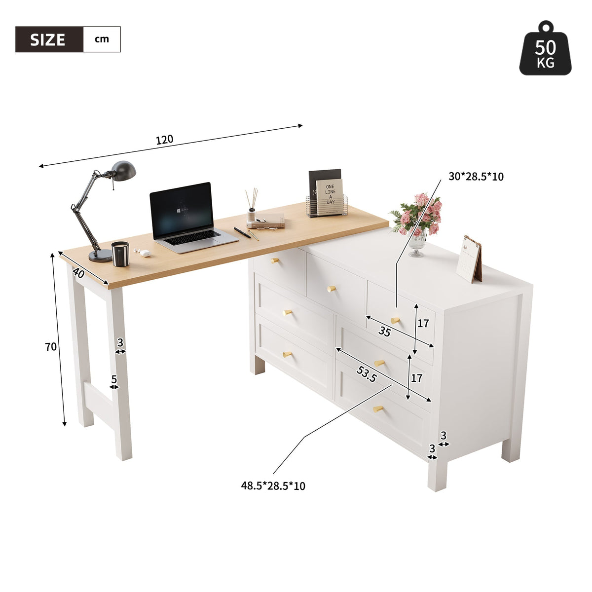 Desk, 7-Drawer 2-in-1 Rotating Workbench Sideboard, White/Natural Oak Look
