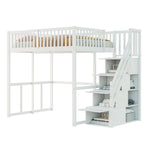 Loft Bed 140x200cm with Safety Storage Ladder and Railing, White Solid Pine Wood