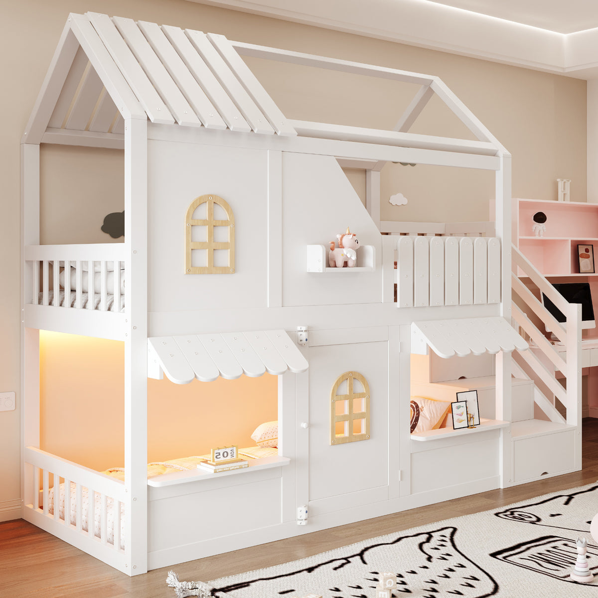 Children's House Bunk Bed 90x200cm with Storage Ladder & LED, White
