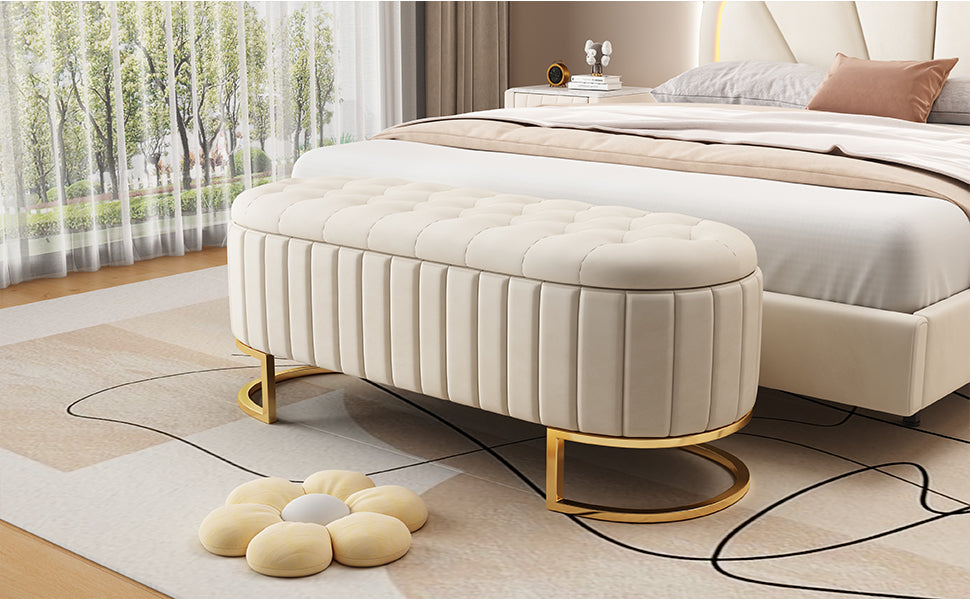 Sofa Bench Footstool with Storage, 120x40cm, Beige Velvet Fabric