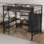 Iron Loft Bed with Desk, Storage and Wardrobe, Black Iron and MDF, 140x200cm
