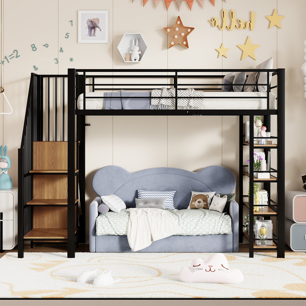 Loft Bed, 90x200 with Safety Stairs & Storage Wardrobe, Black