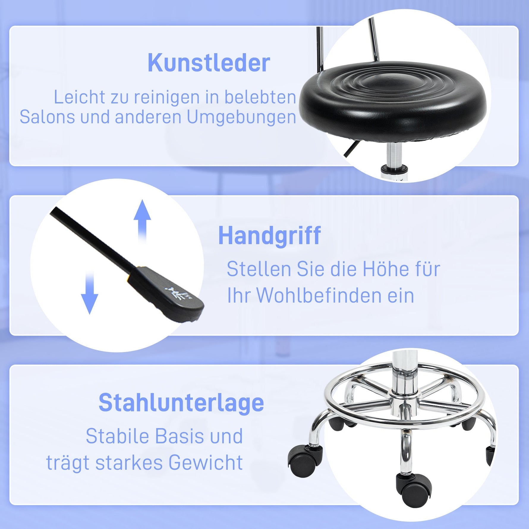 Rolling Stool, Height-Adjustable Swivel with Backrest & Wheels, Faux Leather Black