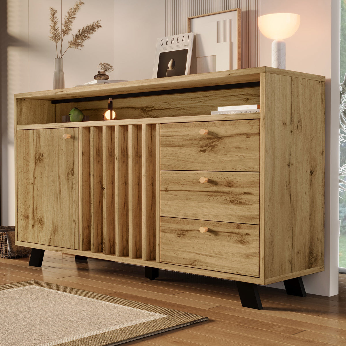 Vintage Sideboard Cabinet 3 Drawers 2 Doors Slatted Front 120cm - Dark Oak