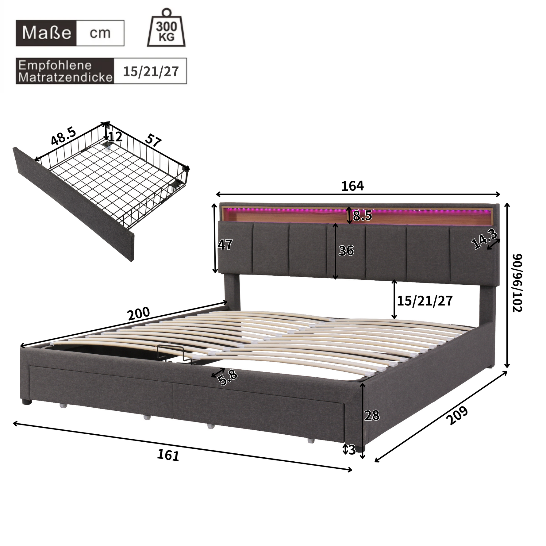 Upholstered Double Bed 160x200cm Hydraulic Storage LED Stowable Headboard - Linen Grey