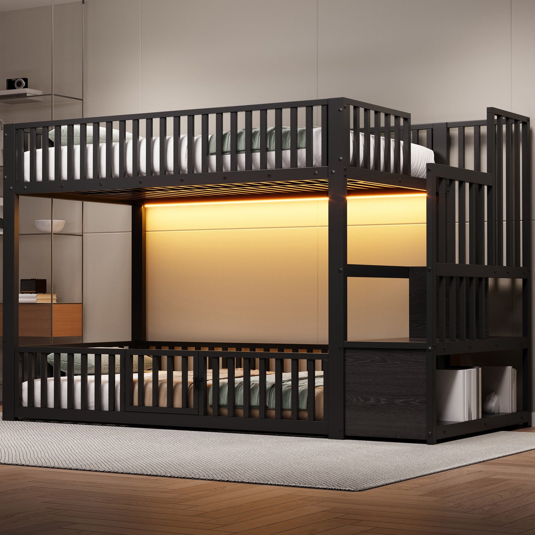 Bunk Bed with Storage Ladder and LED, 90x200cm, Black Metal