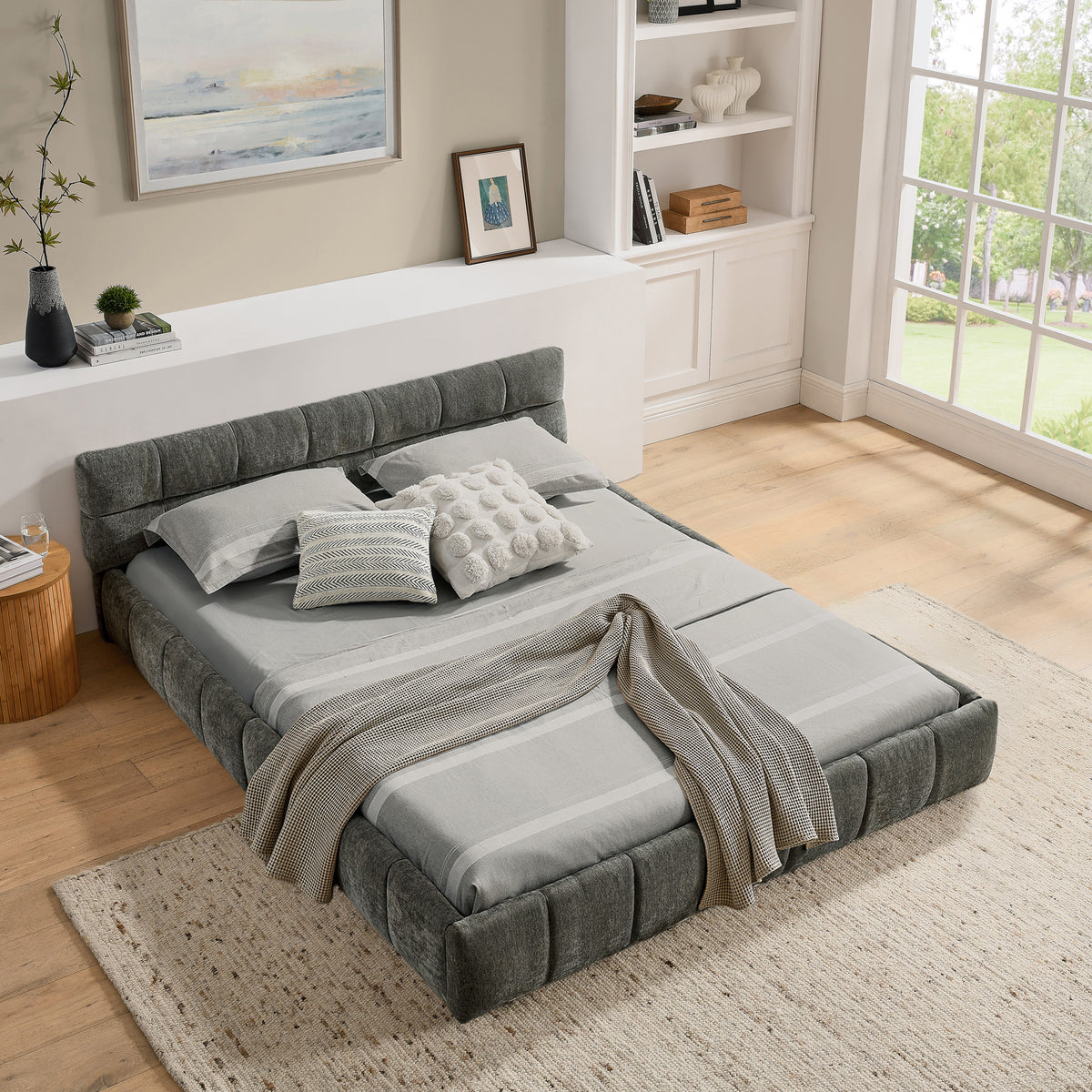 Double Bed 140x200cm Square Quilted, Dark Grey Chenille