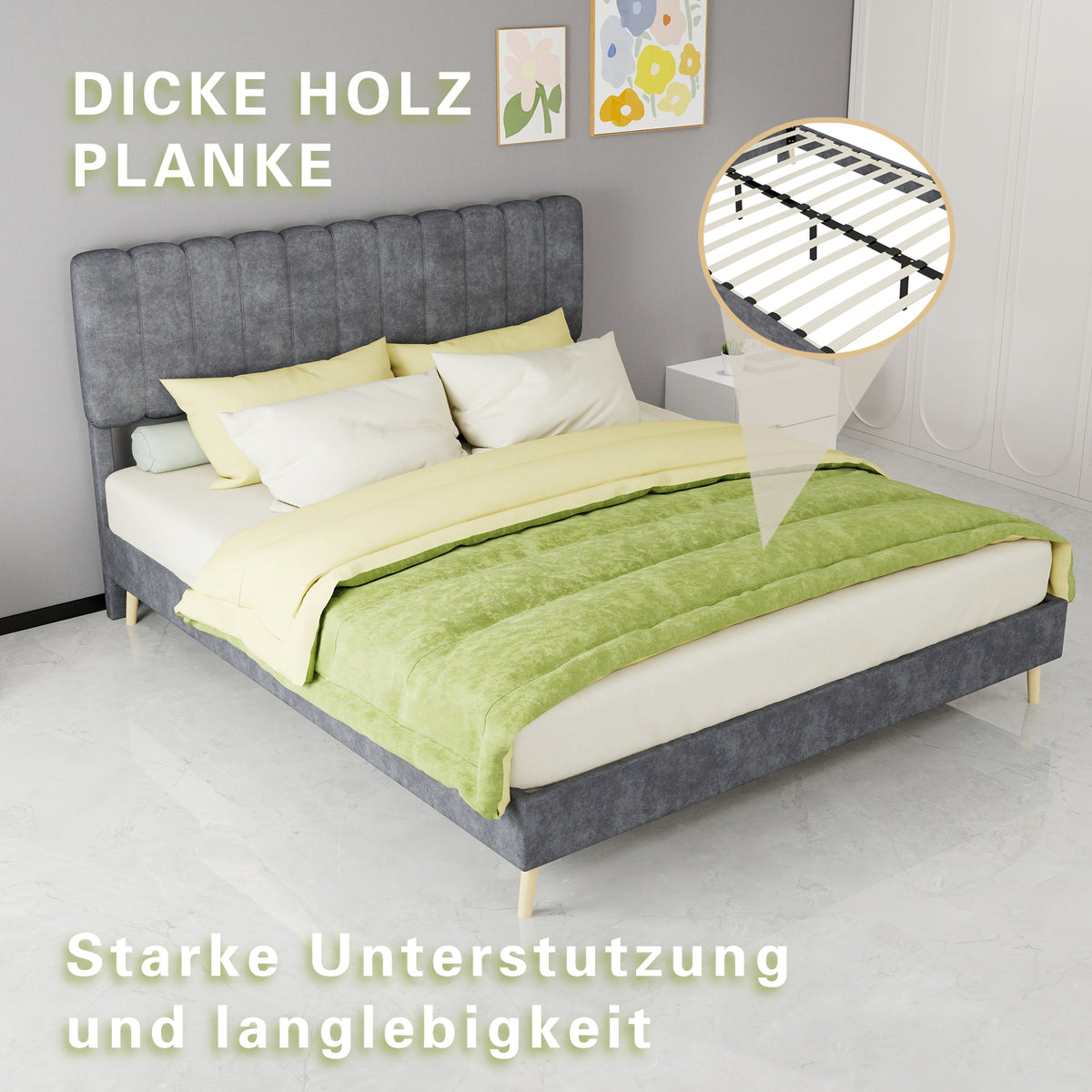 Upholstered Bed 160x200cm with Mattress & Headboard, Grey