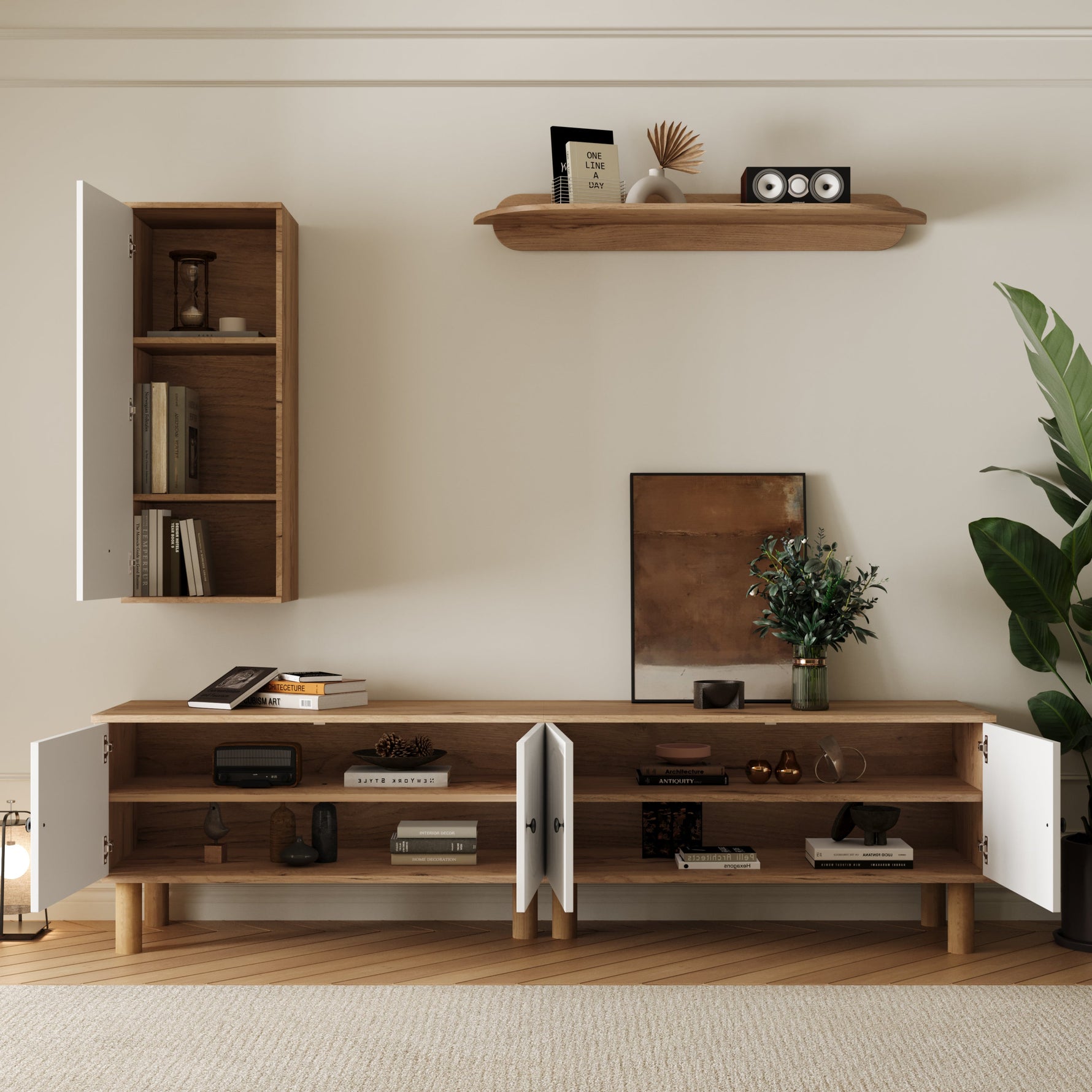 Wall Unit, Highboard Cabinets Shelf, White Wood