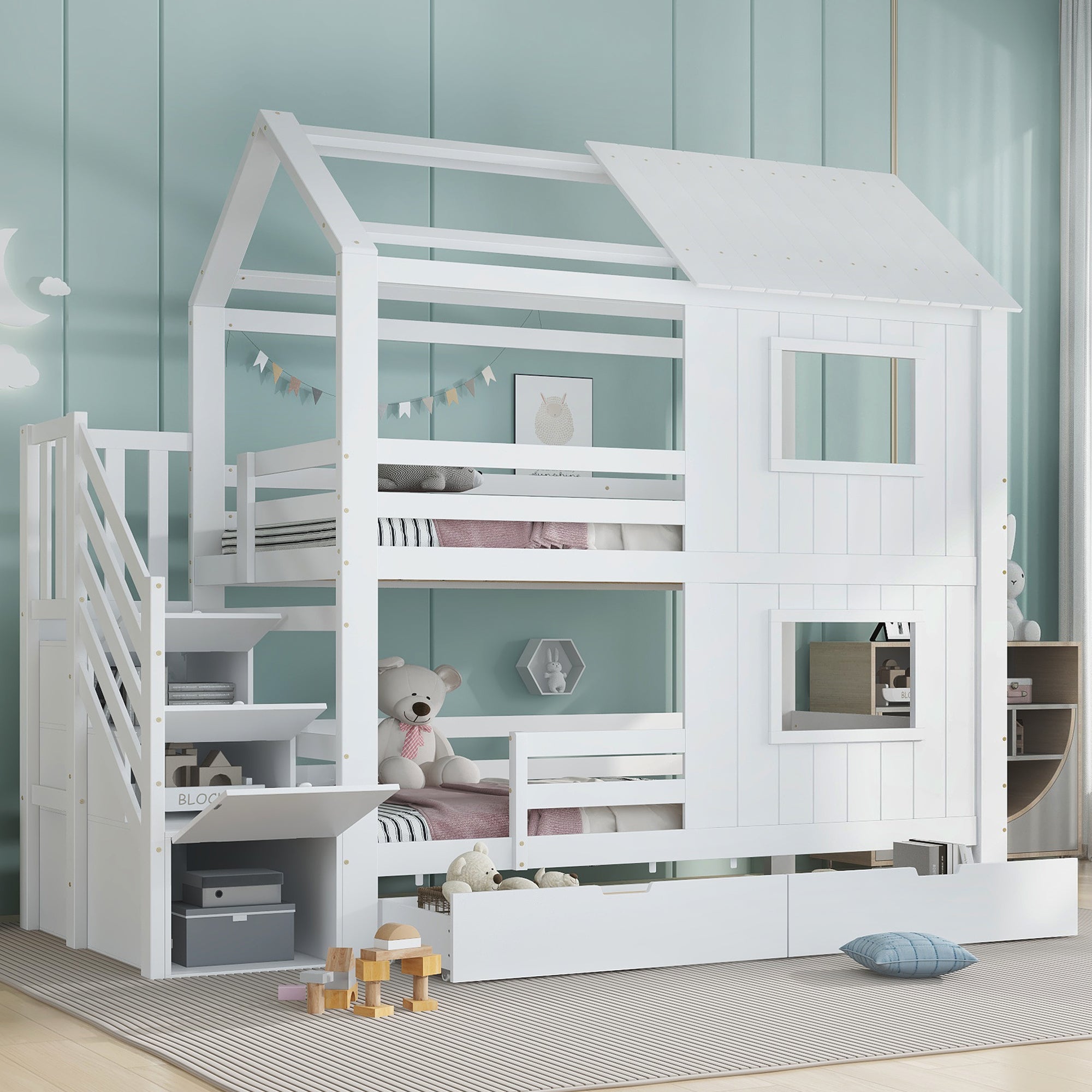 Bunk Bed with Stair Wardrobe, Storage, Window/Roof, 90x200cm, Pine/MDF/Plywood White